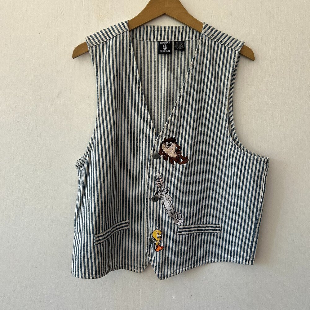 Warner Bros Looney Tunes Vest Large Blue Engineer Striped Pockets 90s Vintage